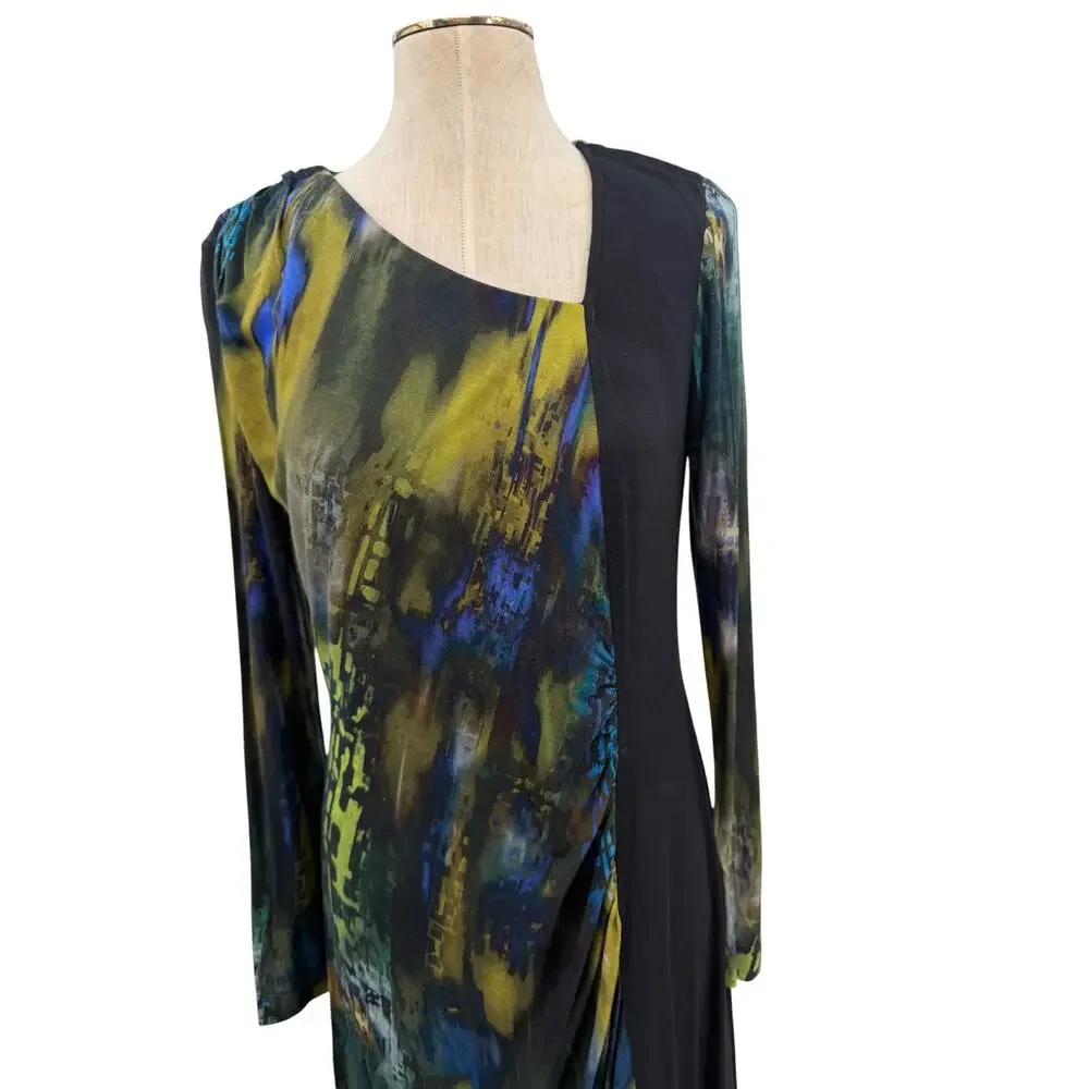 Hilton Hollis Asymmetrical Printed Sheath Dress Black Green Blue Long Sleeve M